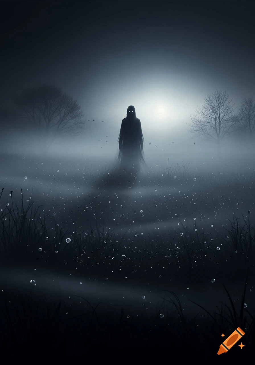 A dark, spectral humanoid silhouette with glowing eyes stands in a dense, misty field under a dark sky, surrounded by bare trees.
