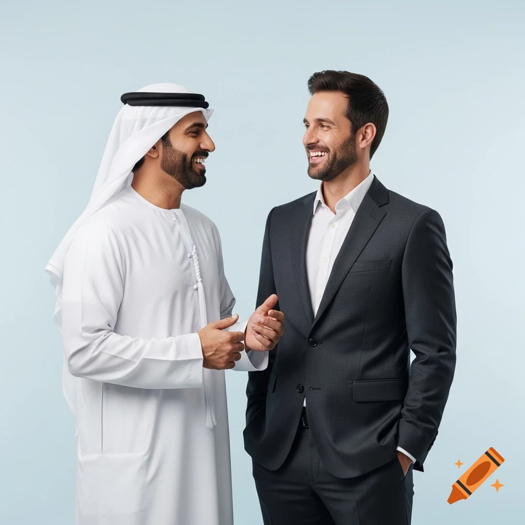 Photorealistic image of two smiling men, one in traditional UAE attire and one in a dark suit, talking against a light blue studio background.