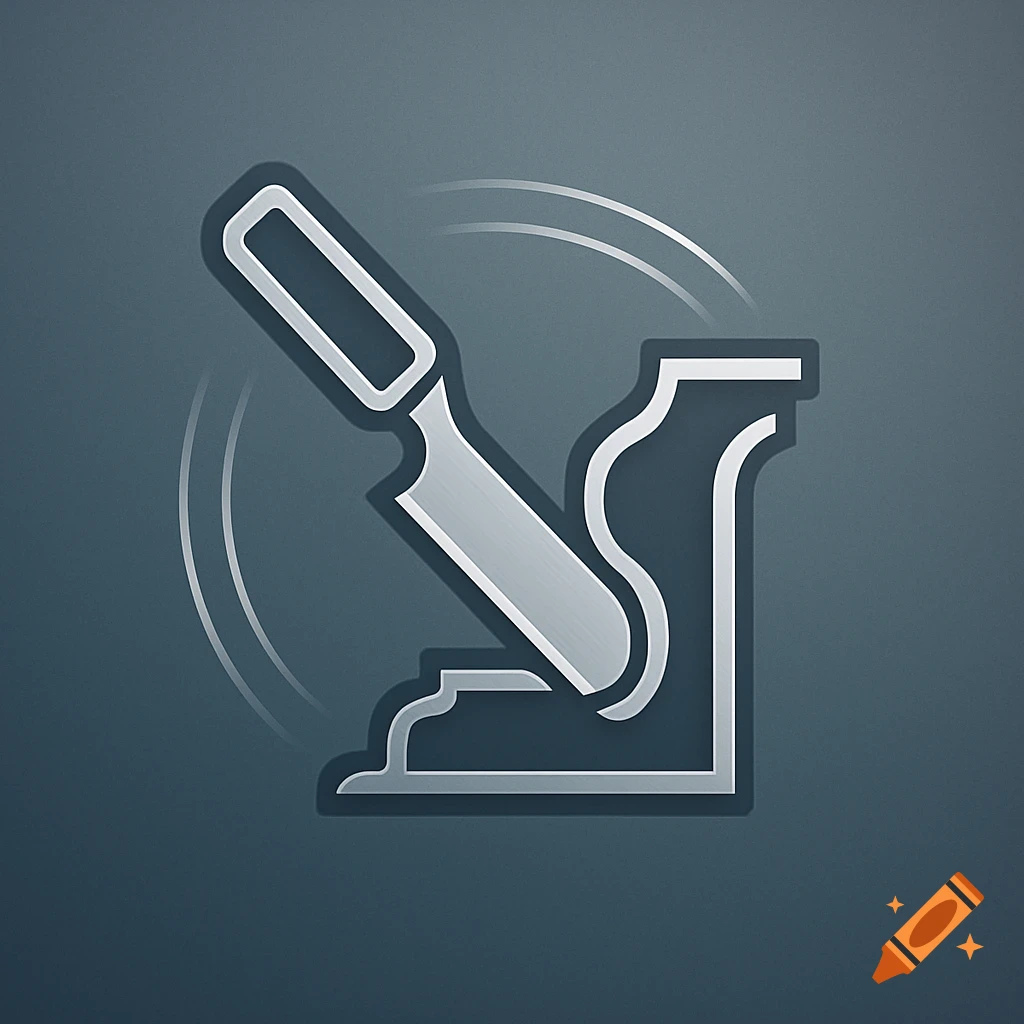 Stylized icon of a silver molding plane or scraper tool shaping a piece of decorative trim against a dark background.