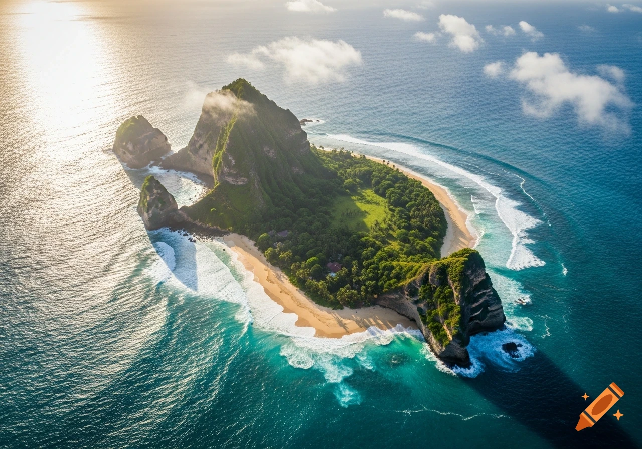 Aerial view of a lush green island with sandy beaches, turquoise ocean, and waves under a bright sky.
