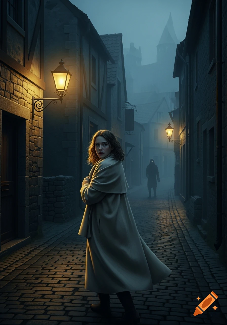 A woman in a coat turns to look down a dark, lantern-lit cobblestone alley at a shadowy figure in the mist.