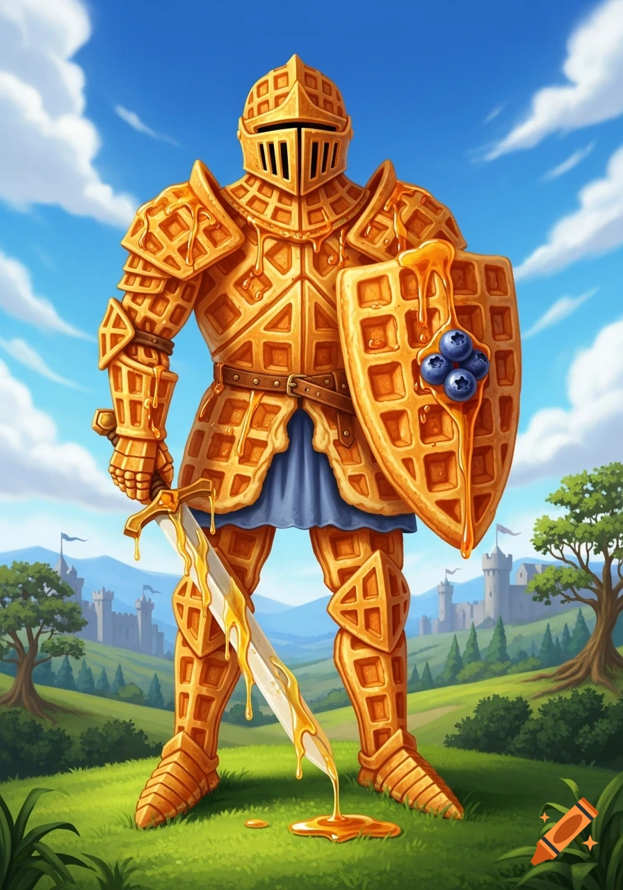A medieval knight in full armor made of golden waffles, dripping with syrup. He holds a waffle shield with blueberries and a sword also dripping syrup, standing in a field with a castle in the background.