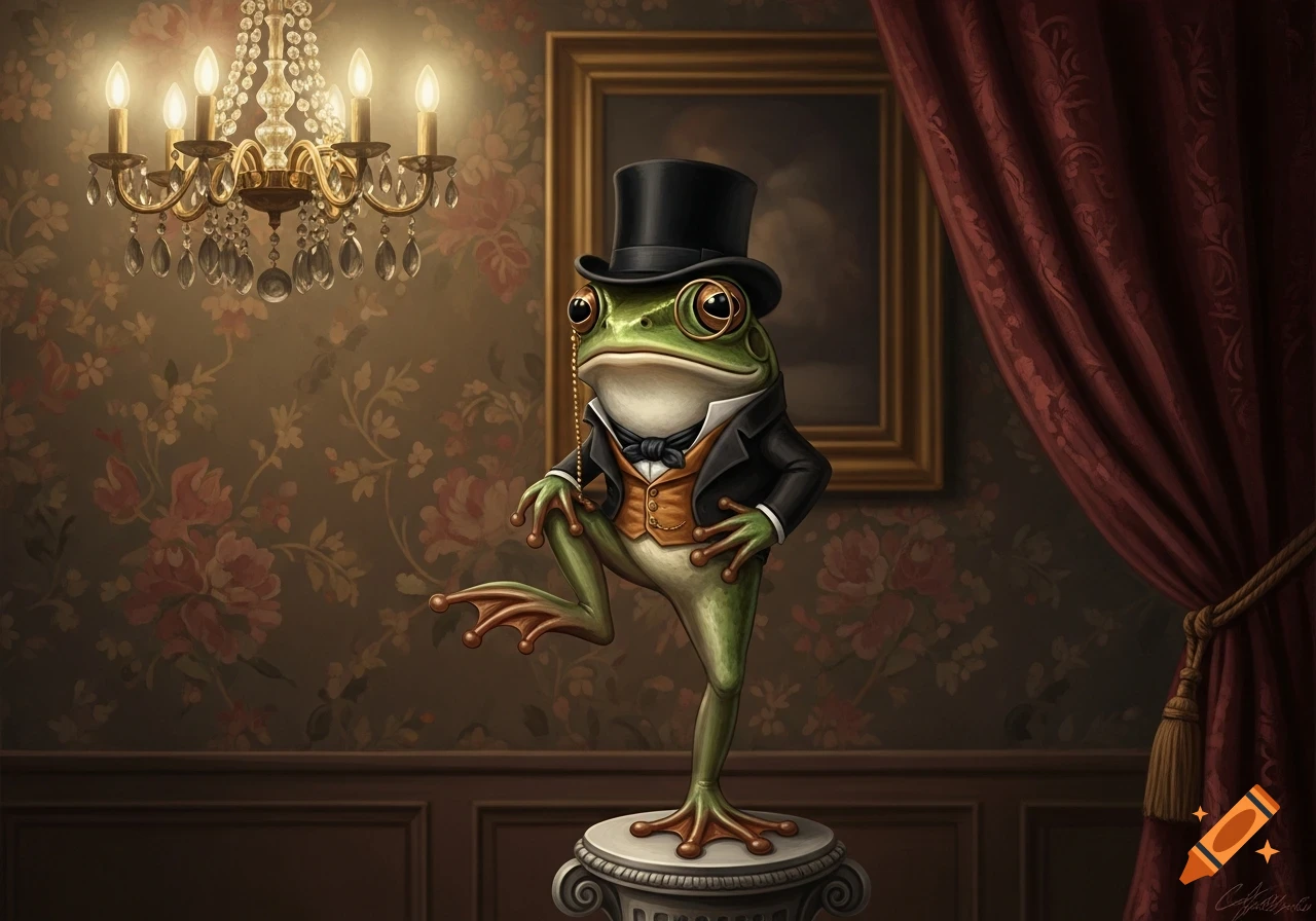 A dapper frog in a top hat, monocle, and suit poses on a pedestal in a luxurious, dimly lit room with floral wallpaper and a chandelier.