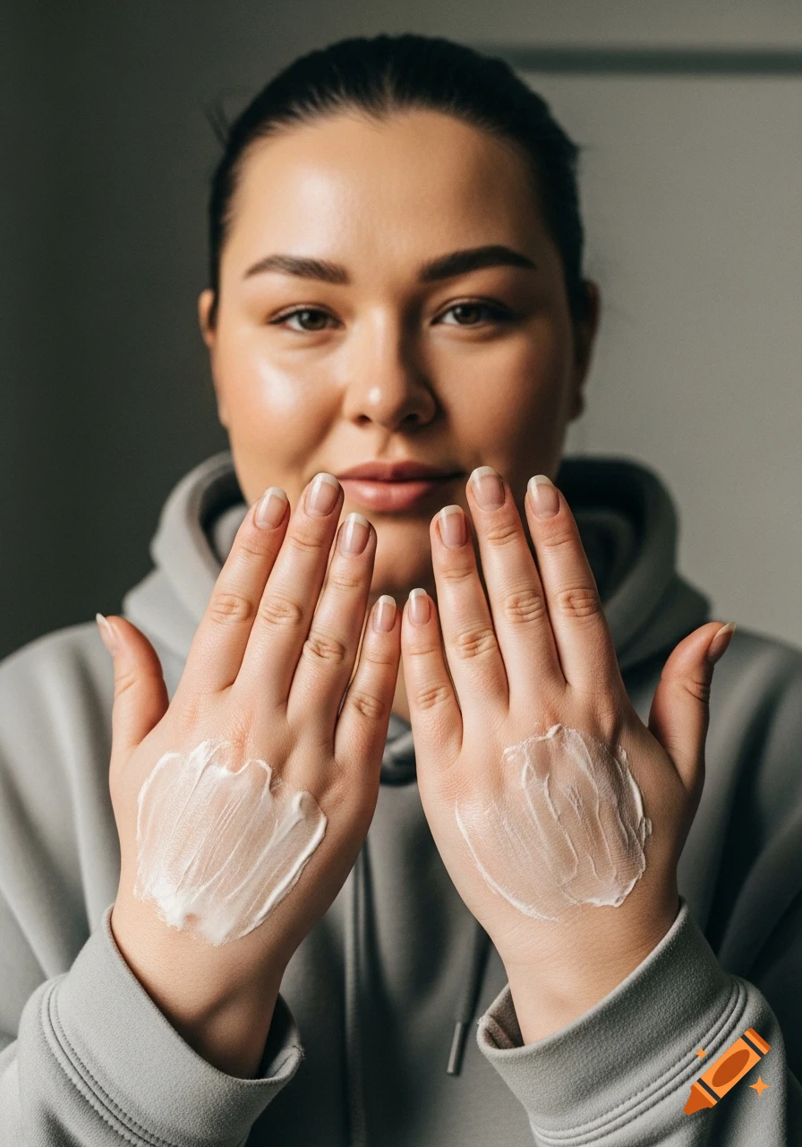 A young woman with her hair pulled back holds her hands up, both covered in thick white cream.