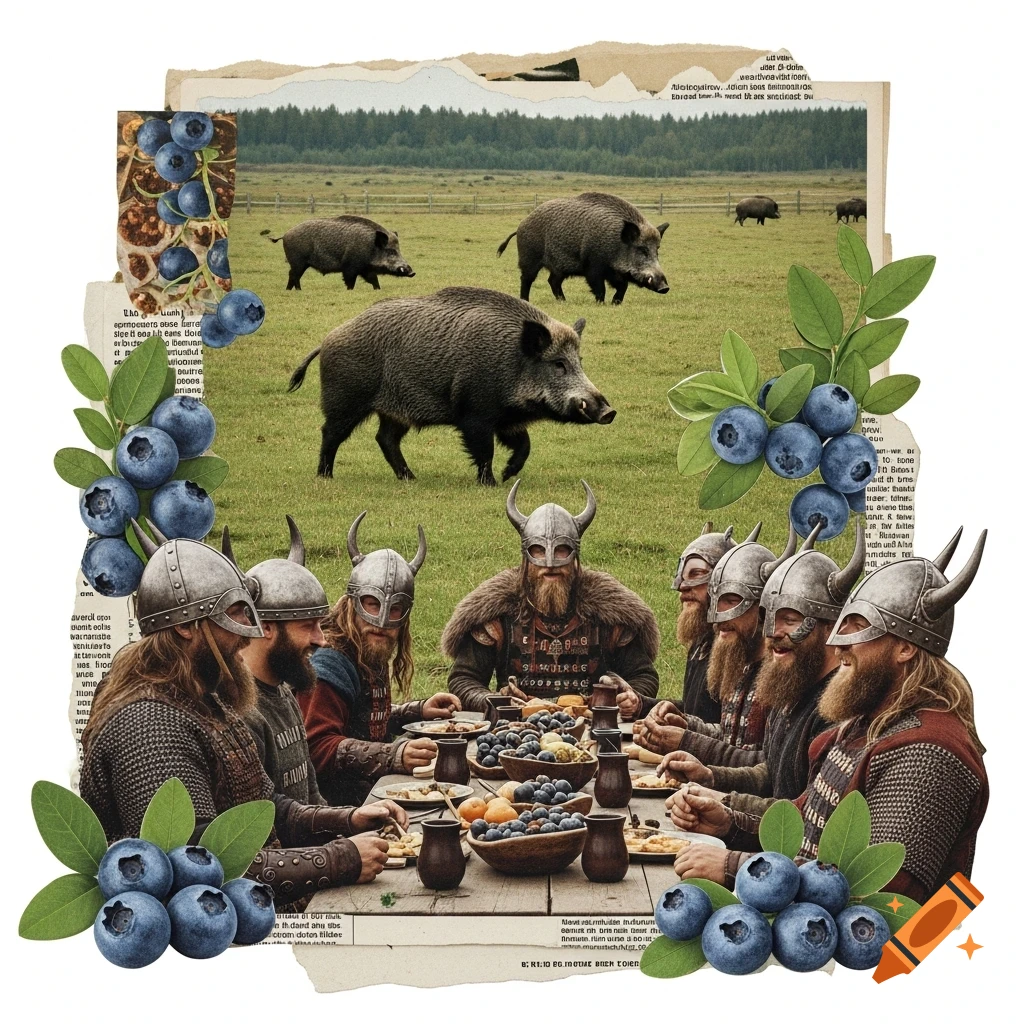 Collage of Vikings in horned helmets feasting on blueberries with wild boars grazing in a grassy field behind them.