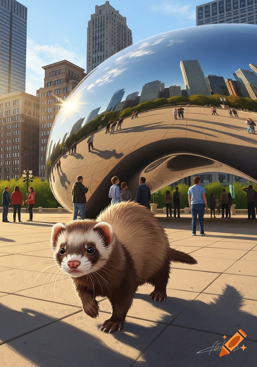 An illustrated ferret walks on a plaza in front of Chicago's Cloud Gate, reflecting city buildings and people.