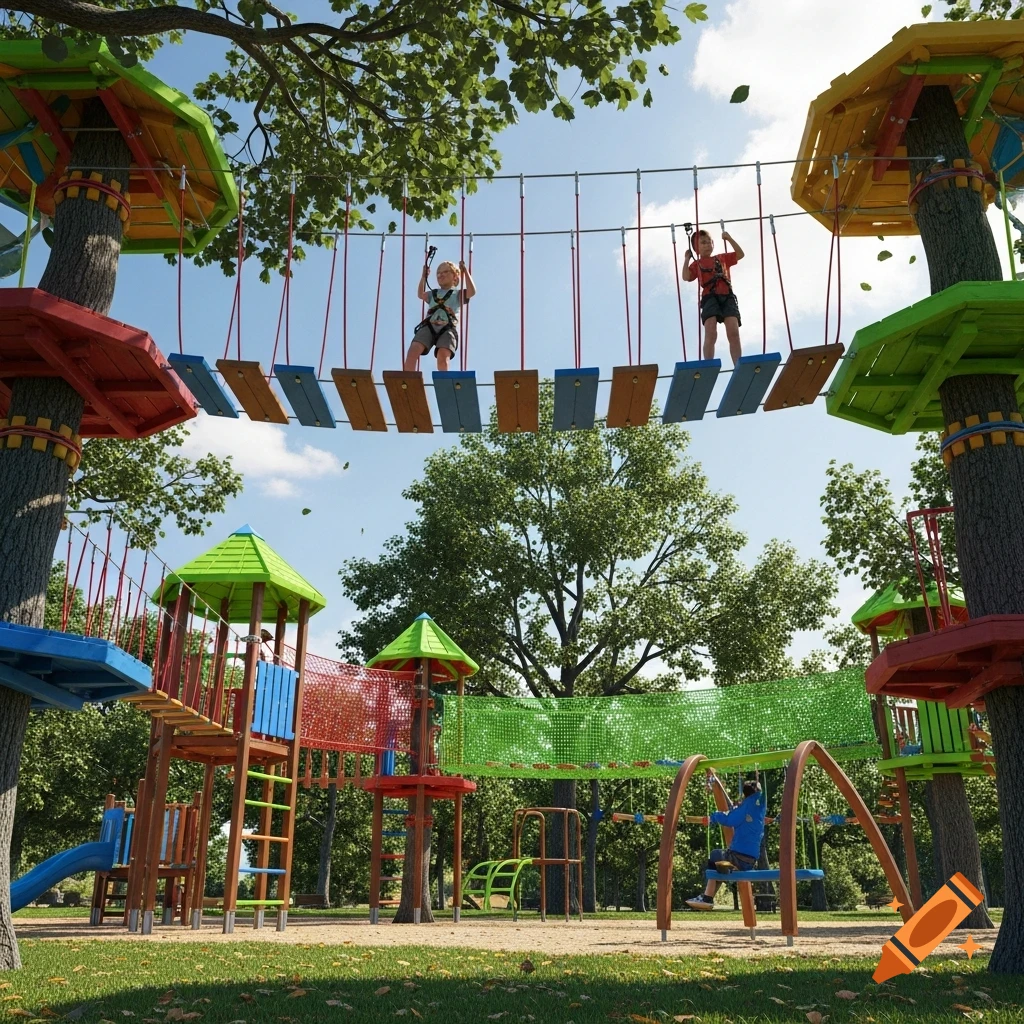 Children play on a colorful adventure playground with a rope bridge between treehouses, slides, and climbing nets.
