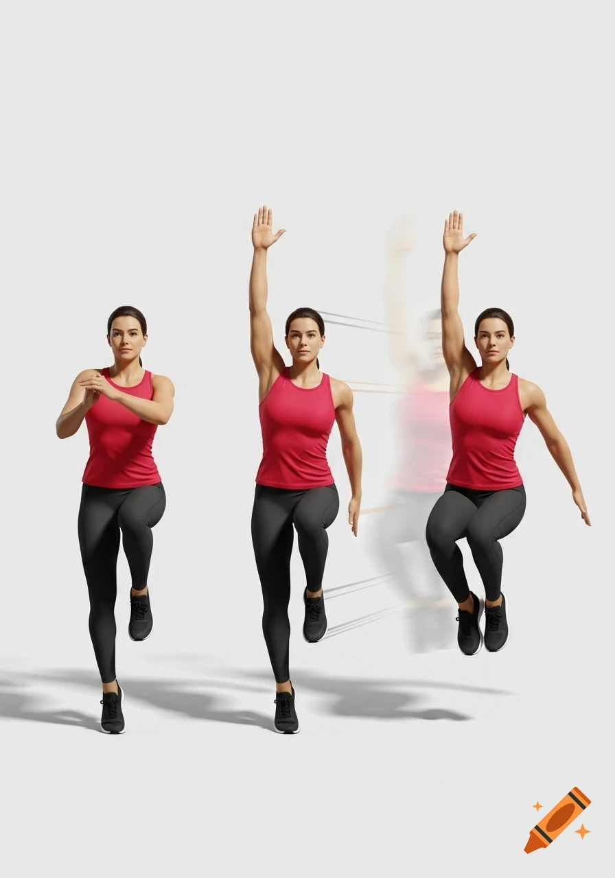 3D illustration of a woman in a pink top and black leggings performing a cross-body jack, shown in three sequential frames with motion lines.