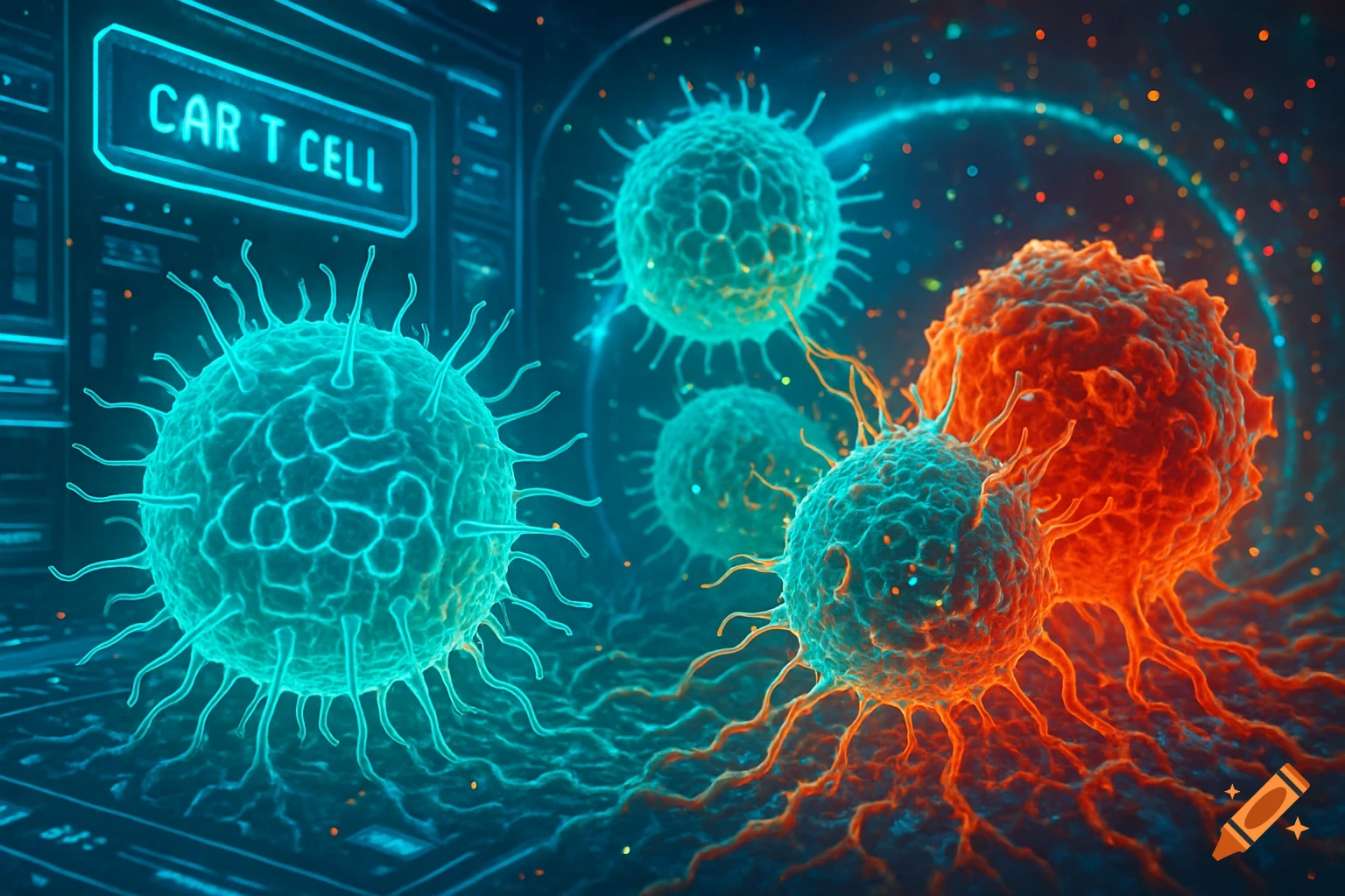 Microscopic view of glowing teal and orange CAR T cells, with 'CAR T CELL' text on a futuristic screen in the background.