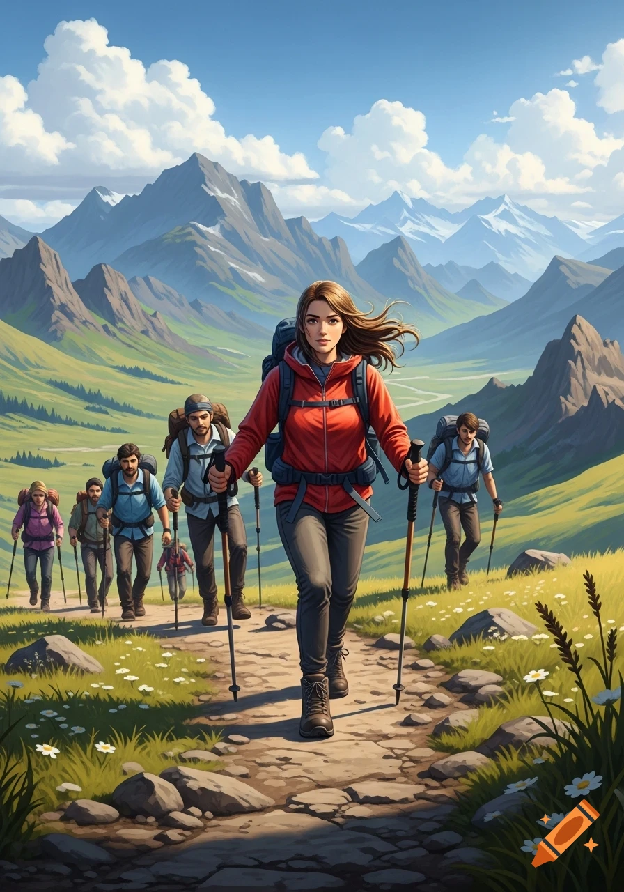 Stylized illustration of a group of hikers with trekking poles on a mountain path under a blue, cloudy sky.