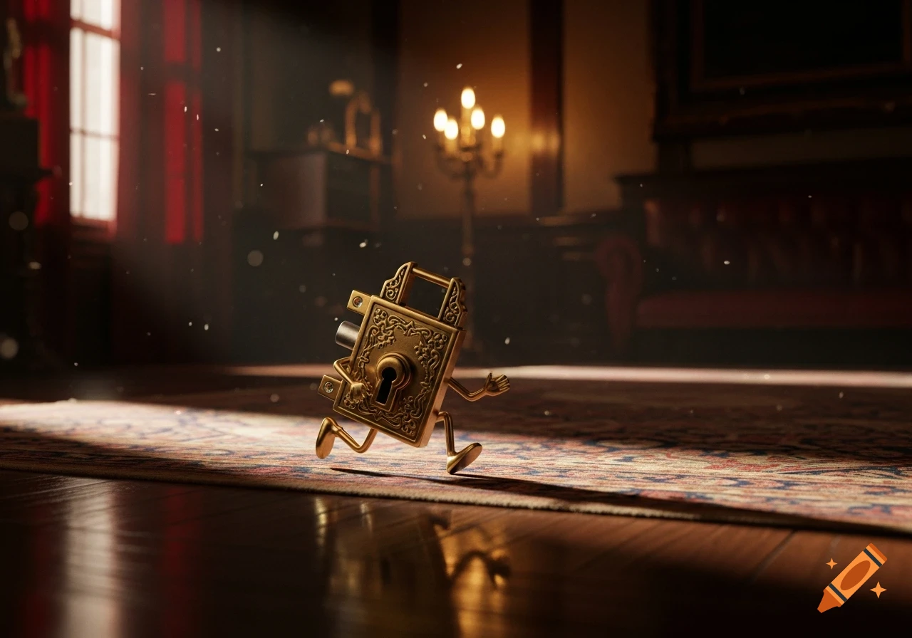An animated golden door lock with arms and legs scuttering across a patterned rug in a dimly lit Victorian room.