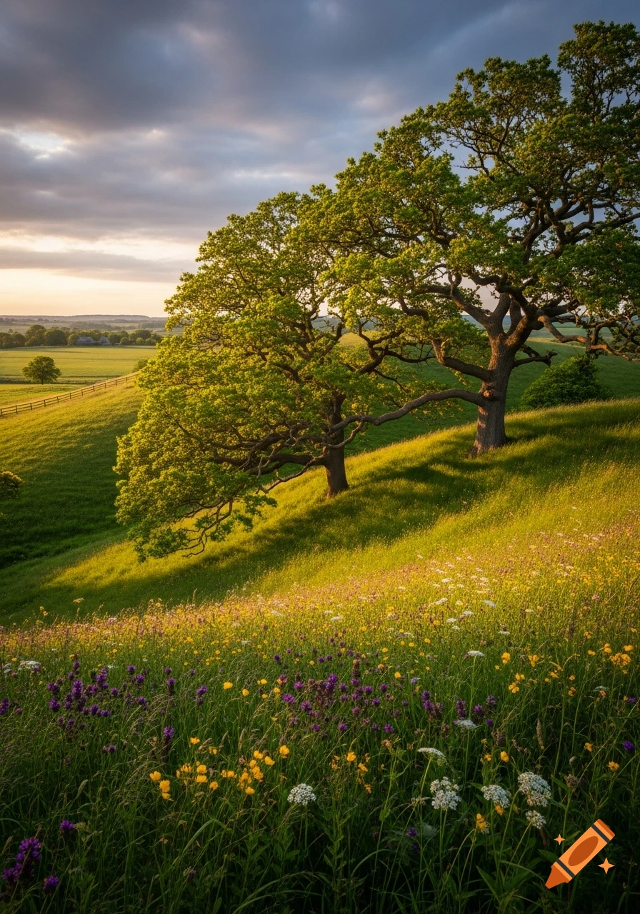 A picturesque photorealistic landscape of a sunny grassy hill covered in wildflowers, with two large trees under a dramatic cloudy sky.