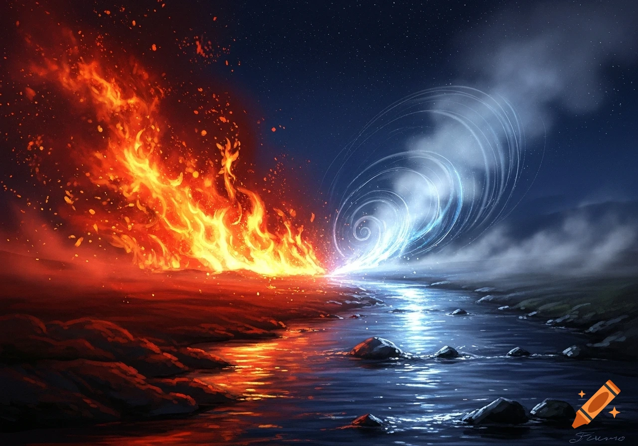 Vibrant digital art showing red fire and blue swirling water clashing under a starry night sky.