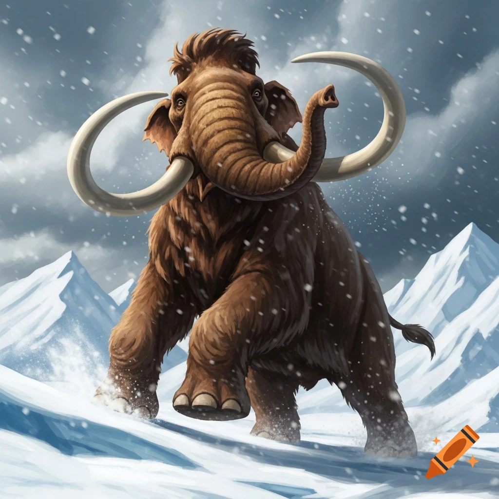 A woolly mammoth with large tusks stands in a snowy mountain landscape with snowflakes falling, depicted in a digital art style.