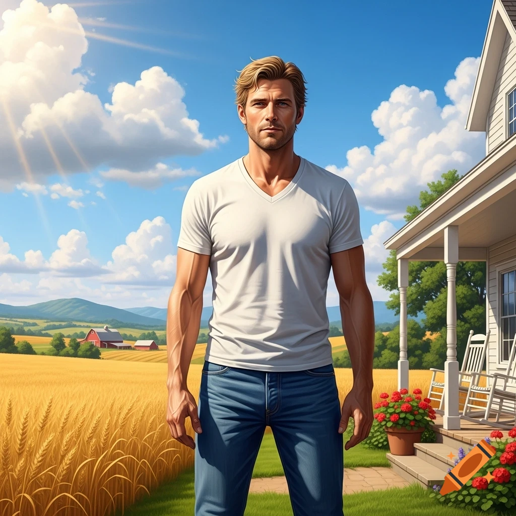 A muscular man in a white t-shirt and jeans stands in a sunlit golden wheat field next to a white farmhouse.