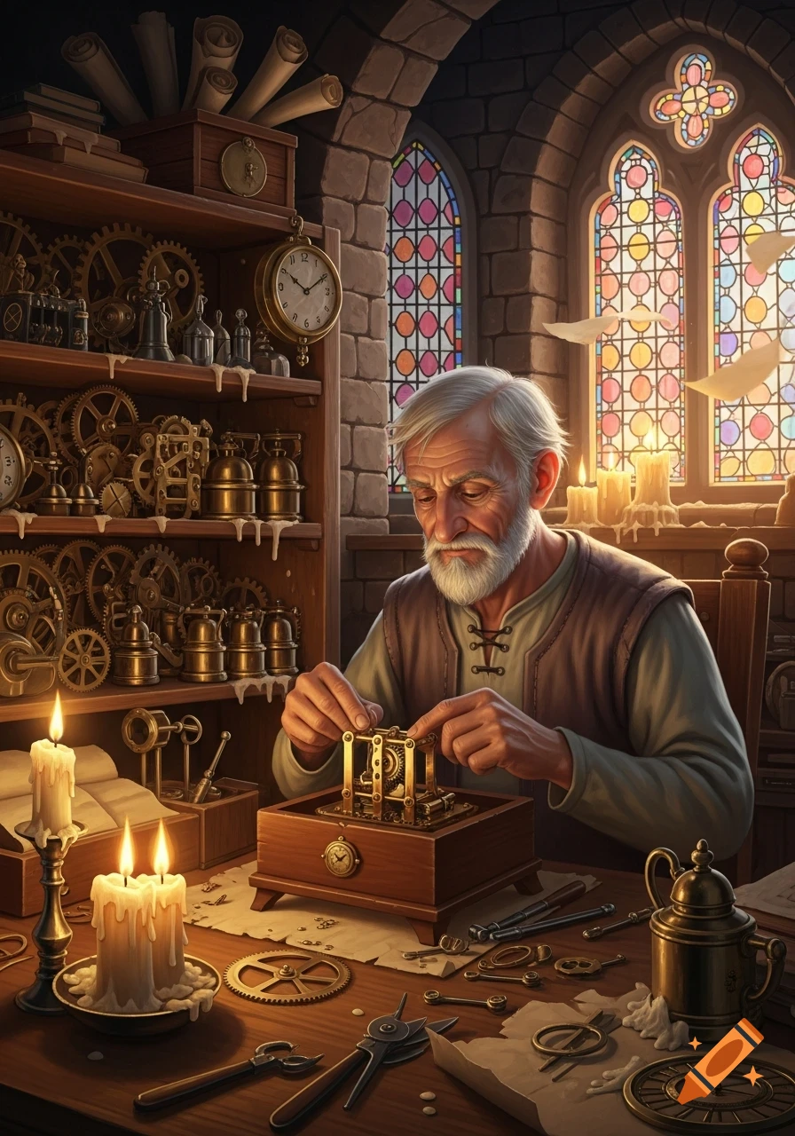 An old, bearded clockmaker repairs a mechanism in a medieval workshop, surrounded by gears, tools, and lit by candles and stained glass windows.