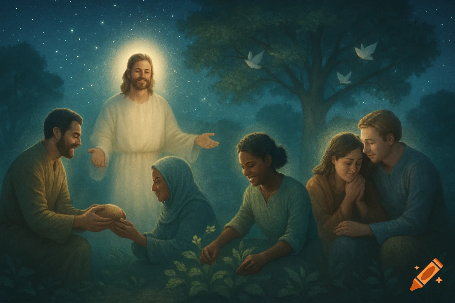 An illustrative scene of Jesus Christ with a halo, watching over a diverse group of people sharing, tending plants, and embracing under a starry night.