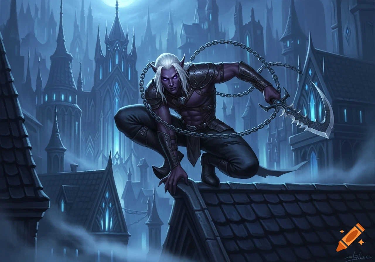 A dark elf rogue with purple skin and white hair crouches on a rooftop, holding a chain blade in a gothic city at night.