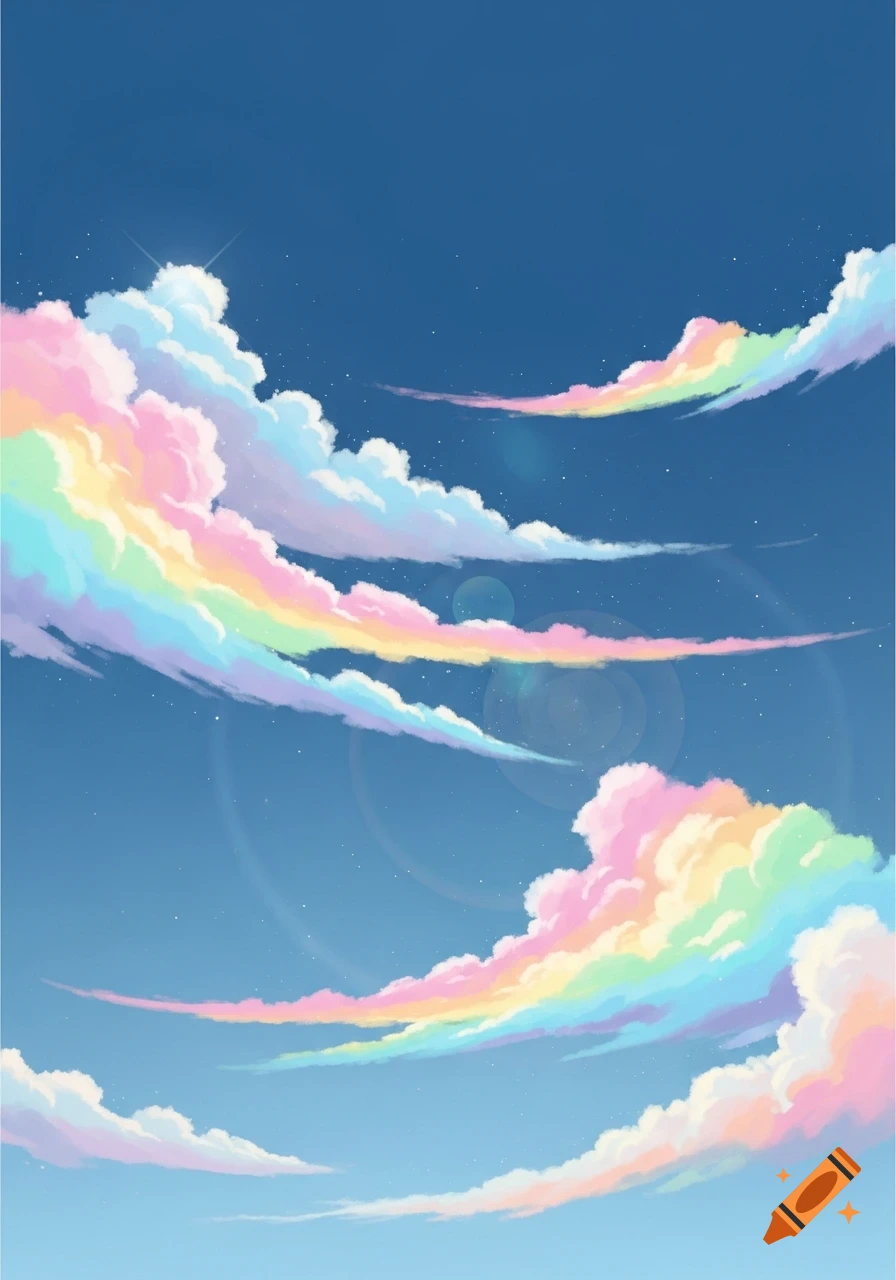 A vibrant blue sky adorned with soft, fluffy clouds colored in pastel rainbow hues, with subtle light flares.