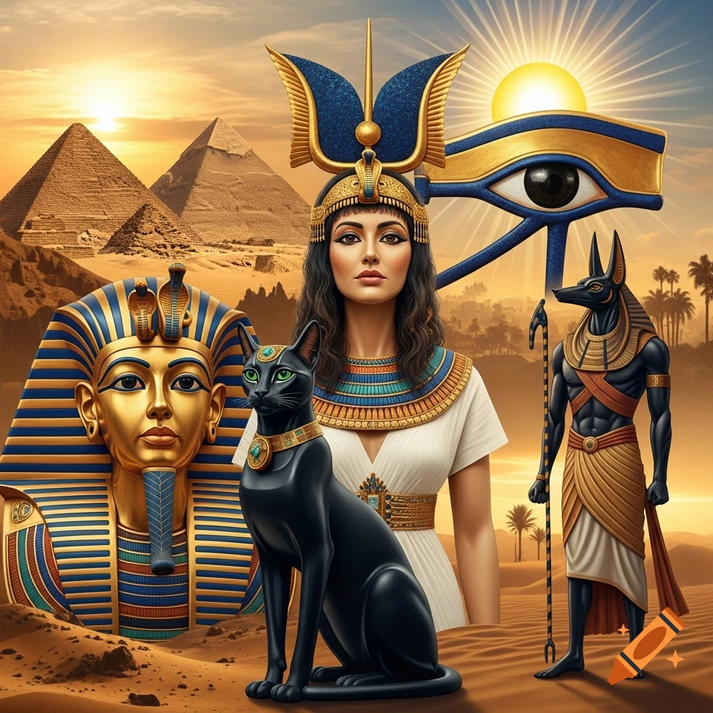 Collage of Egyptian elements: Cleopatra, Bastet cat, Tutankhamun mask, Eye of Ra, Anubis, and pyramids in a desert sunset.