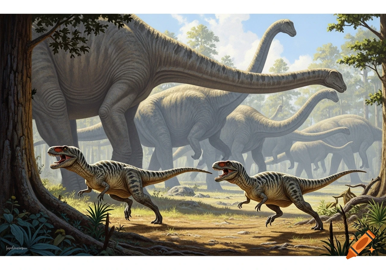 Two raptor-like dinosaurs run in a prehistoric forest, with a herd of long-necked dinosaurs in the background, realistic painting.