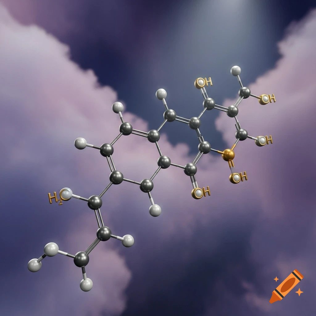 A detailed 3D render of a complex chemical structure, featuring multiple ring systems and various functional groups labeled "OH" and "H₂O", set against a cloudy, purplish-blue sky.