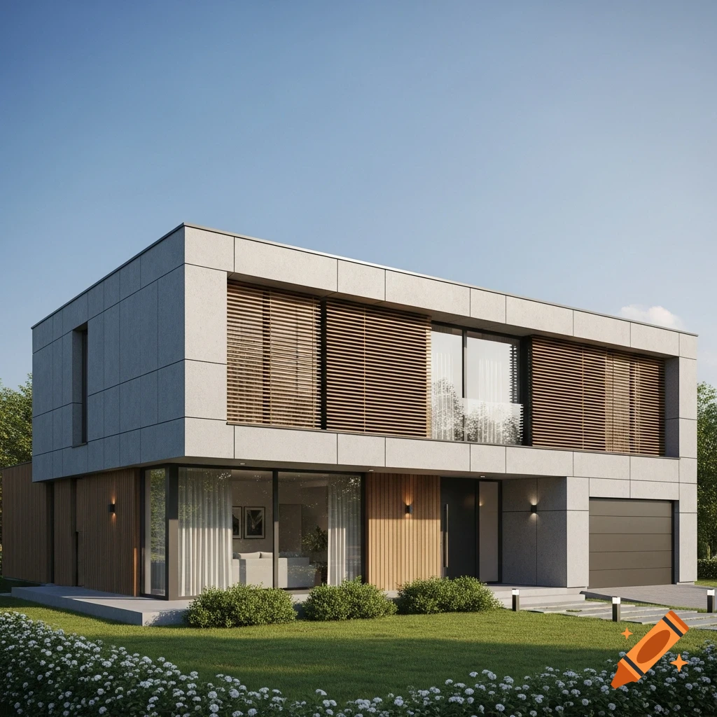 Photorealistic modern two-story house with concrete panels, wooden slats, large windows, and a green lawn.