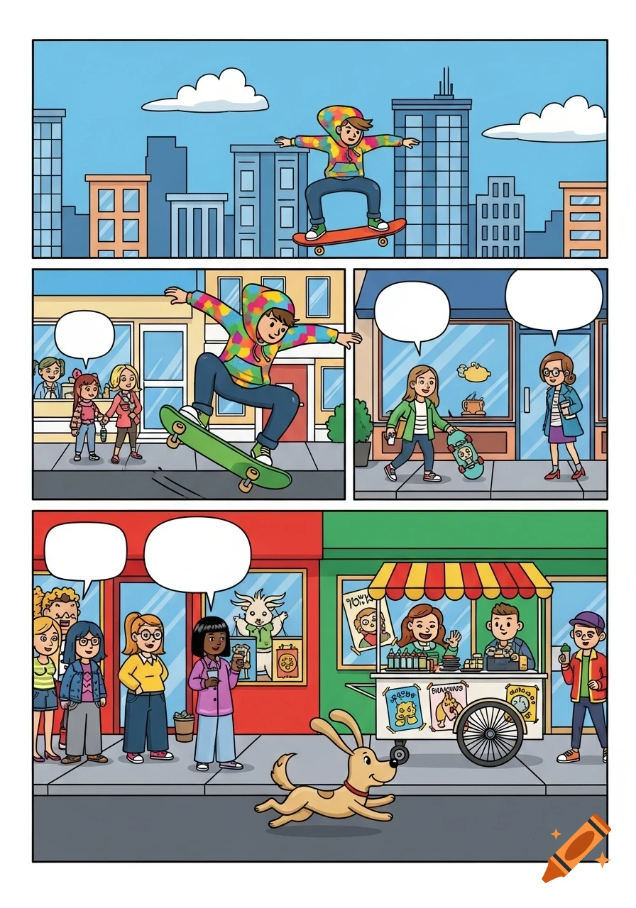 A colorful comic strip shows a boy skateboarding through a city street, performing tricks, and people walking by a food cart.