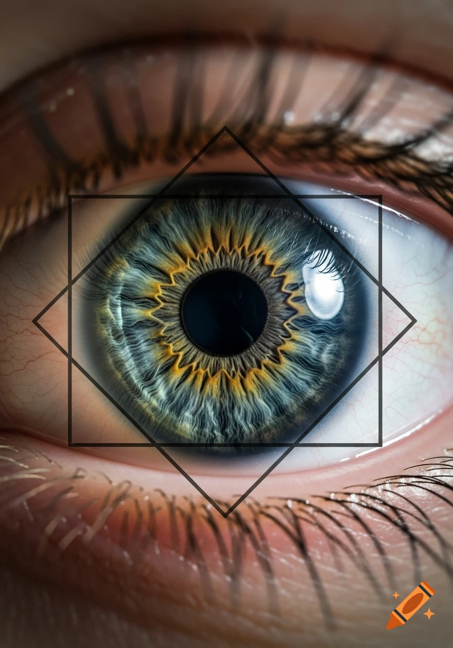 Photorealistic close-up of a human eye with a blue and hazel iris, overlaid with a black geometric hexagram shape.