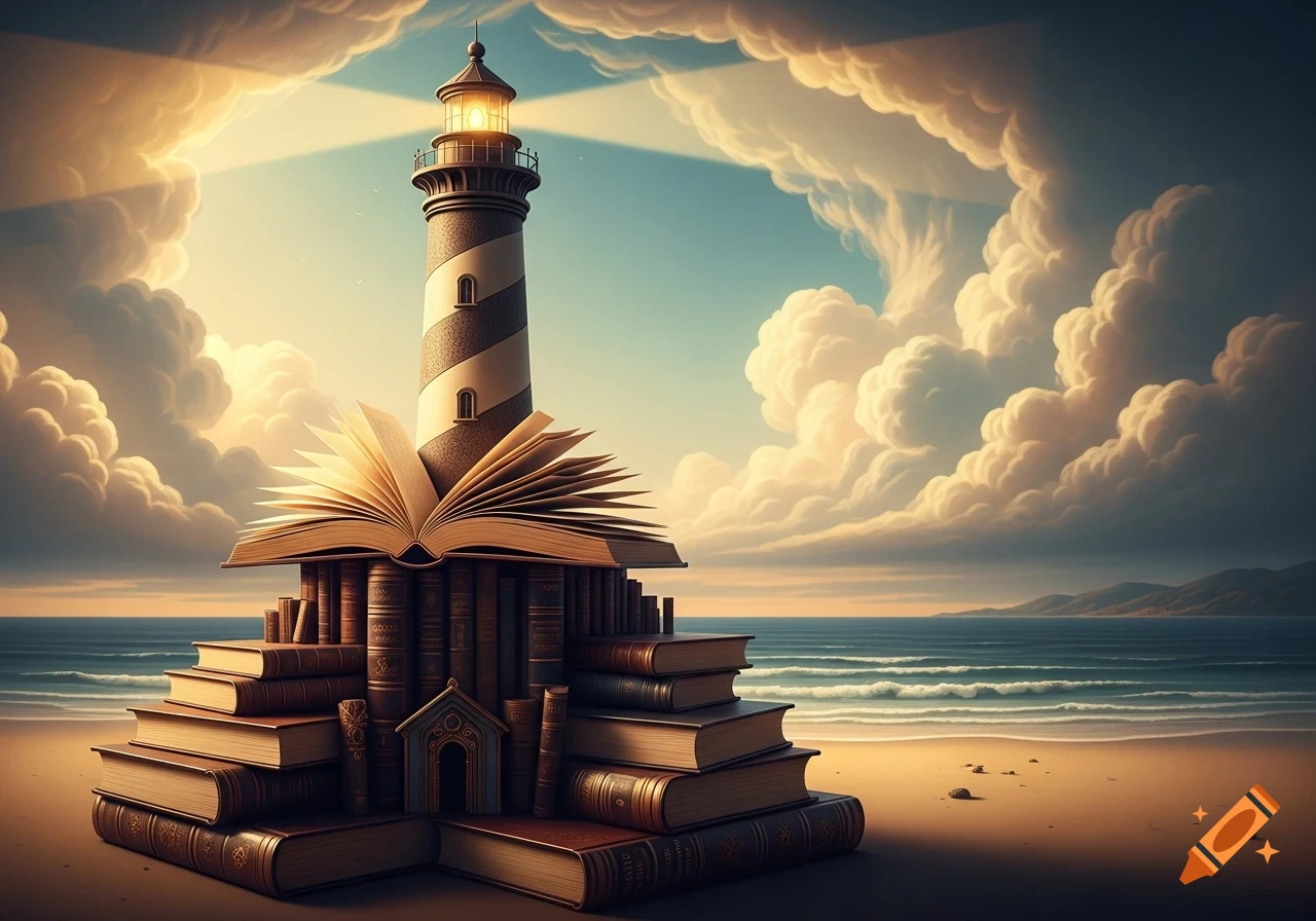 A surreal image of a striped lighthouse emerging from a base of antique books on a sandy beach. Dramatic, golden clouds fill the sky above a calm ocean with distant mountains.