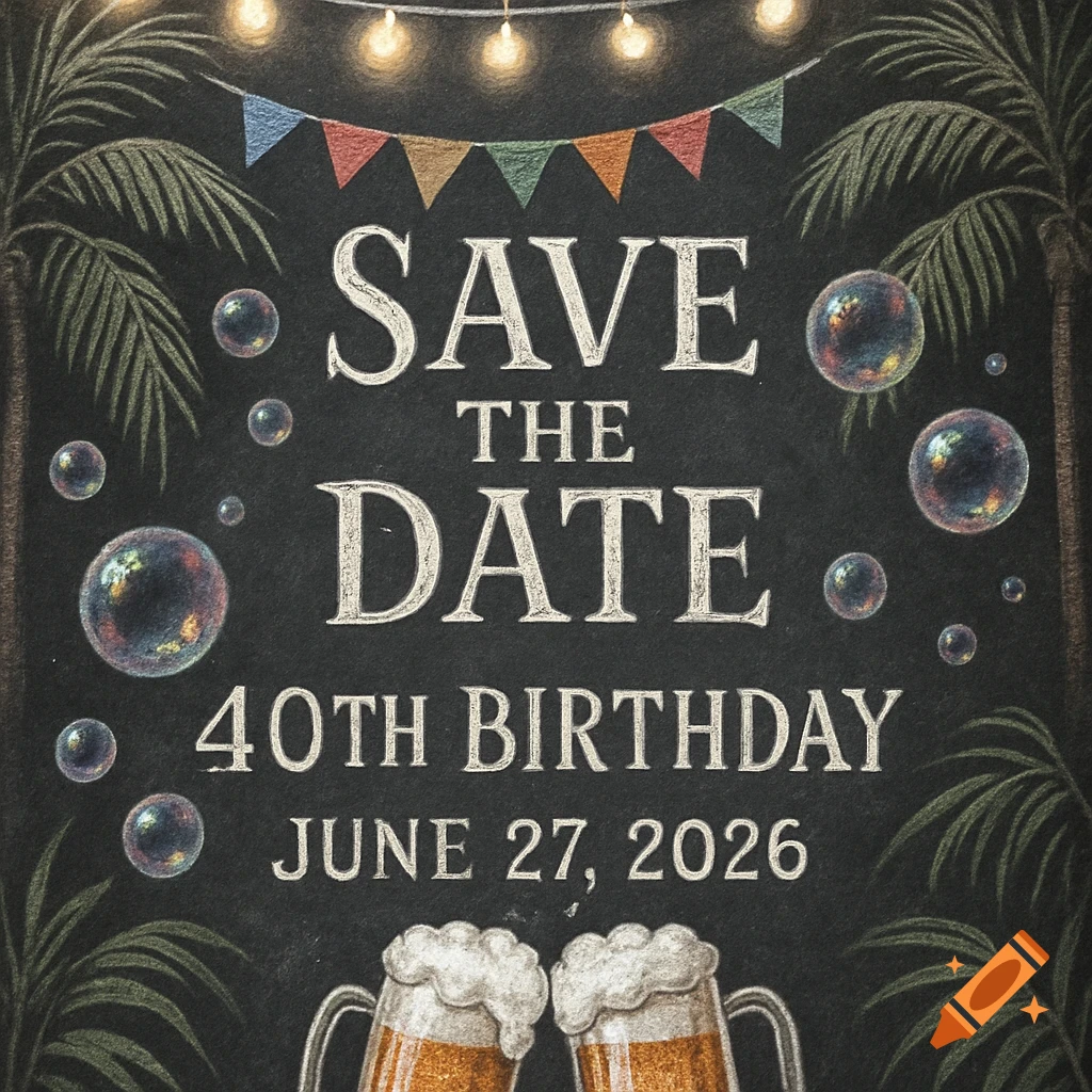 A chalk-style 'Save the Date' invitation for a 40th birthday on June 27, 2026, with palm trees, string lights, bubbles, and beer mugs on a blackboard background.