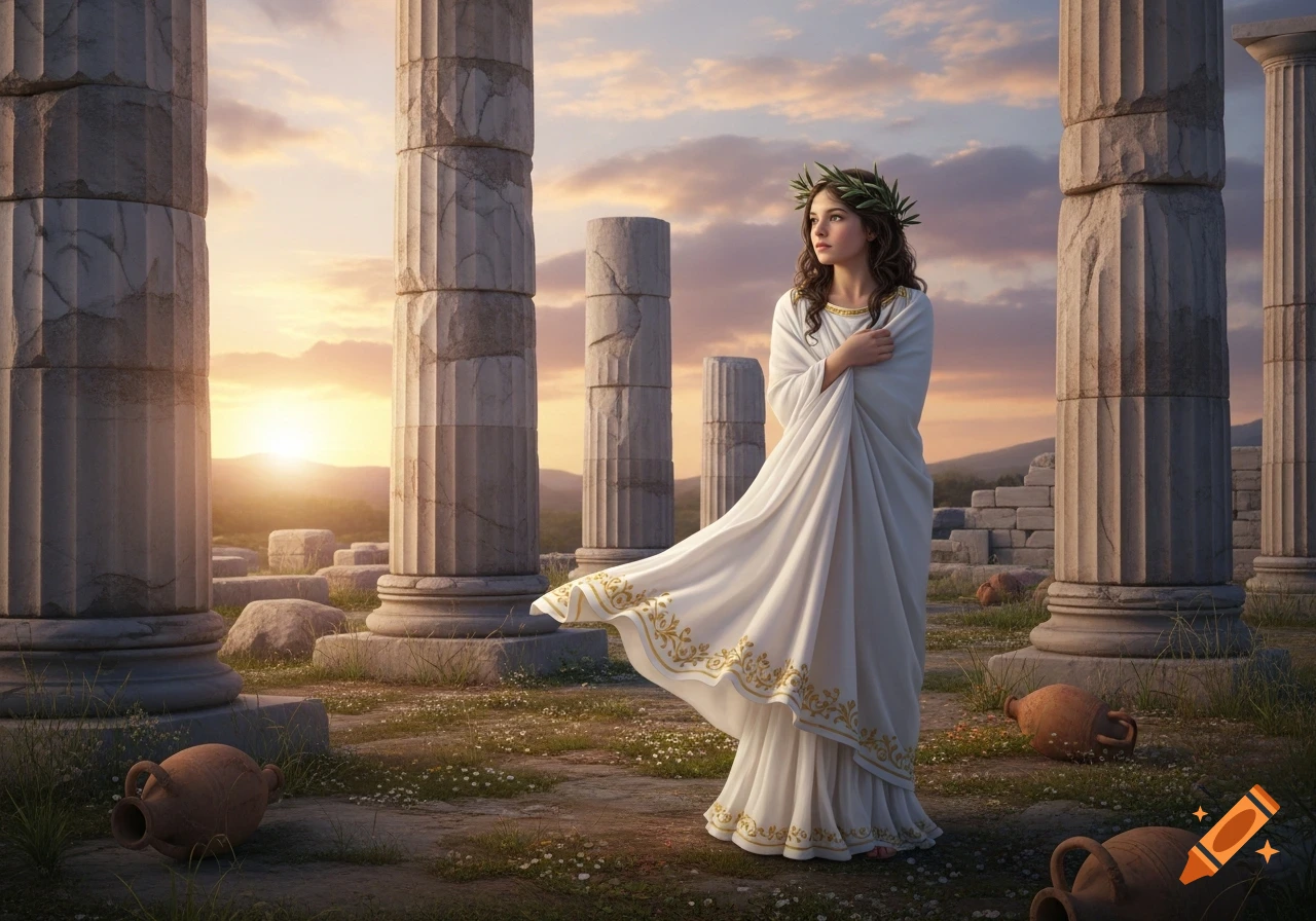 A young woman in a white Greek dress and laurel wreath stands among ancient columns at sunset, looking into the distance.