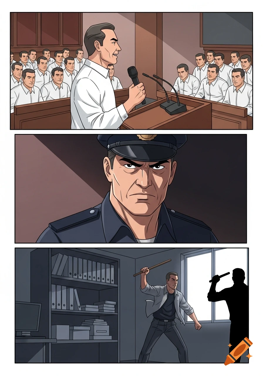 A three-panel comic illustration. Top: A man speaks at a podium in a court. Middle: A stern police officer. Bottom: A man with a stick confronts a silhouette.