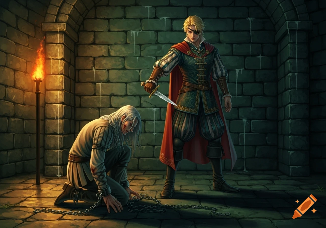 A blond prince with an eyepatch threatens a kneeling, chained, and wounded man with a dagger in a medieval dungeon.