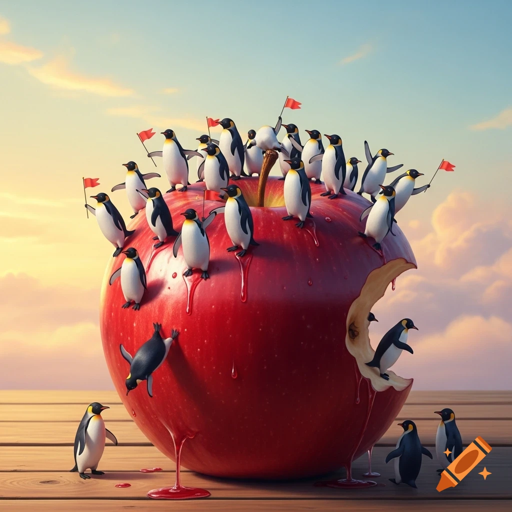 Numerous penguins climb on and around a large red apple with a bite taken out, dripping red juice, on a wooden surface under a warm sky.