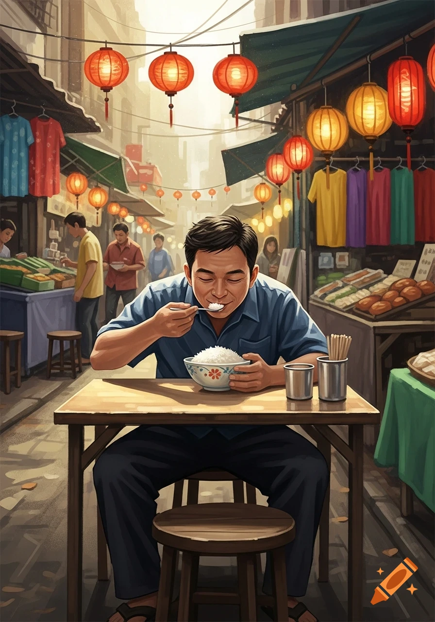 Illustrated man enjoying a bowl of rice at a market stall with lanterns and clothes.