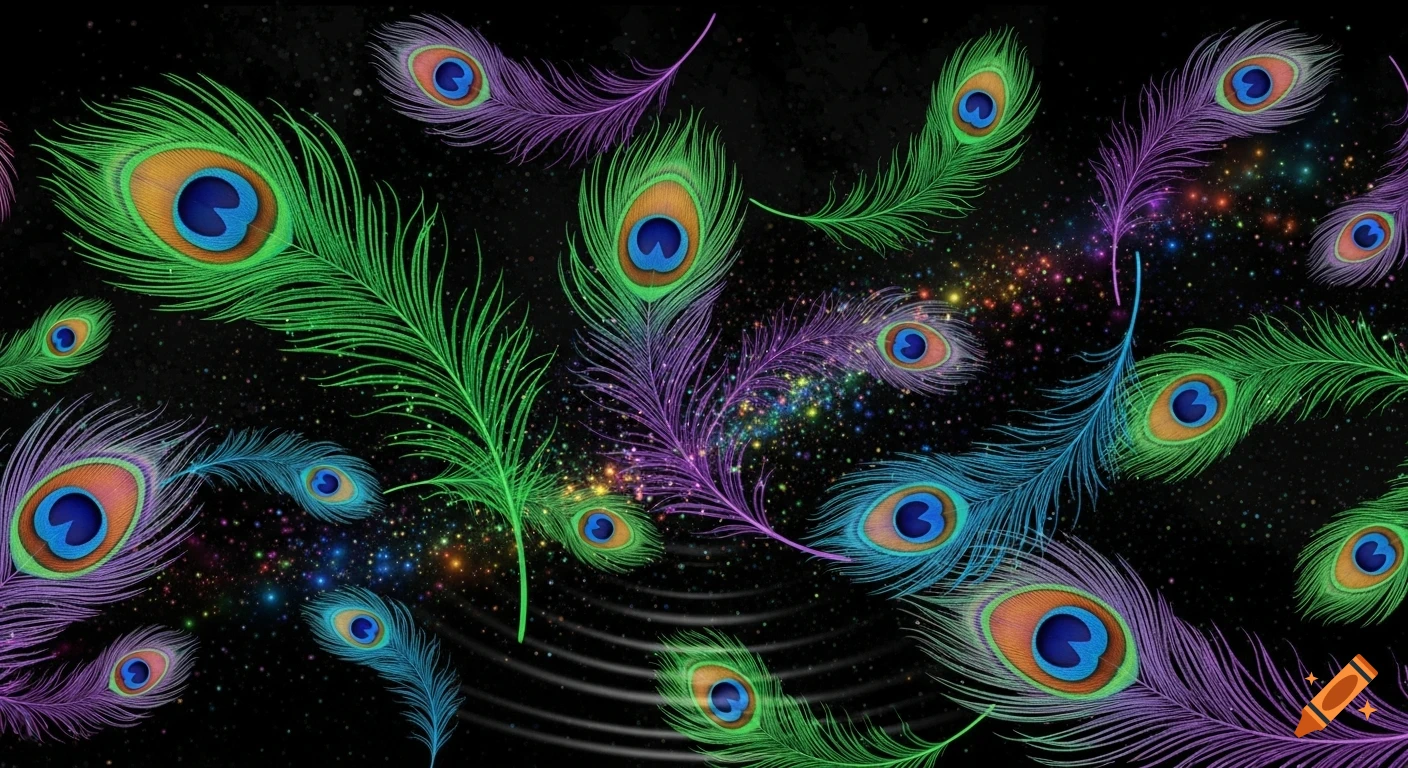 Vibrant green, purple, and blue peacock feathers float on a dark background with colorful glitter and wavy patterns.