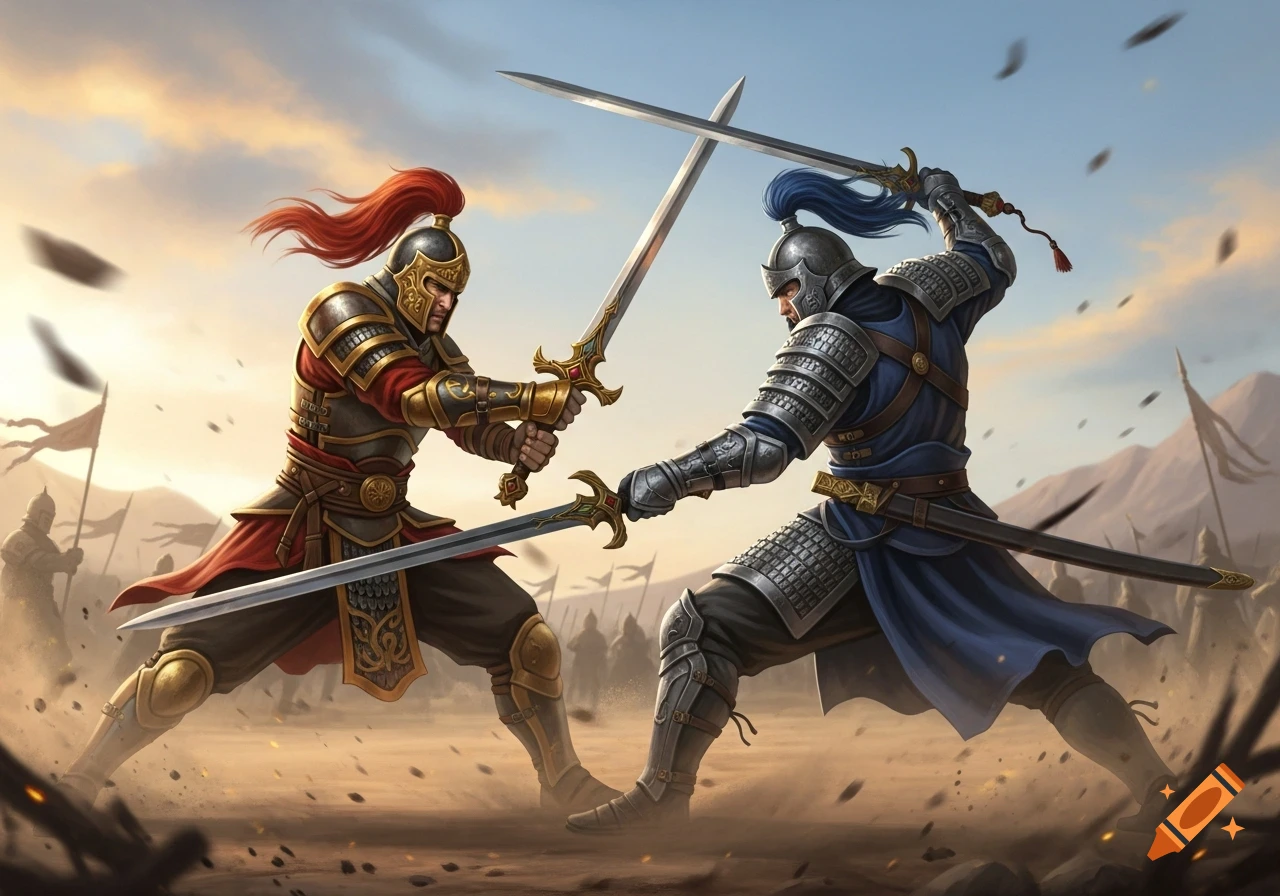 Two armored warriors in a fierce sword duel on a dusty battlefield, dramatic lighting.
