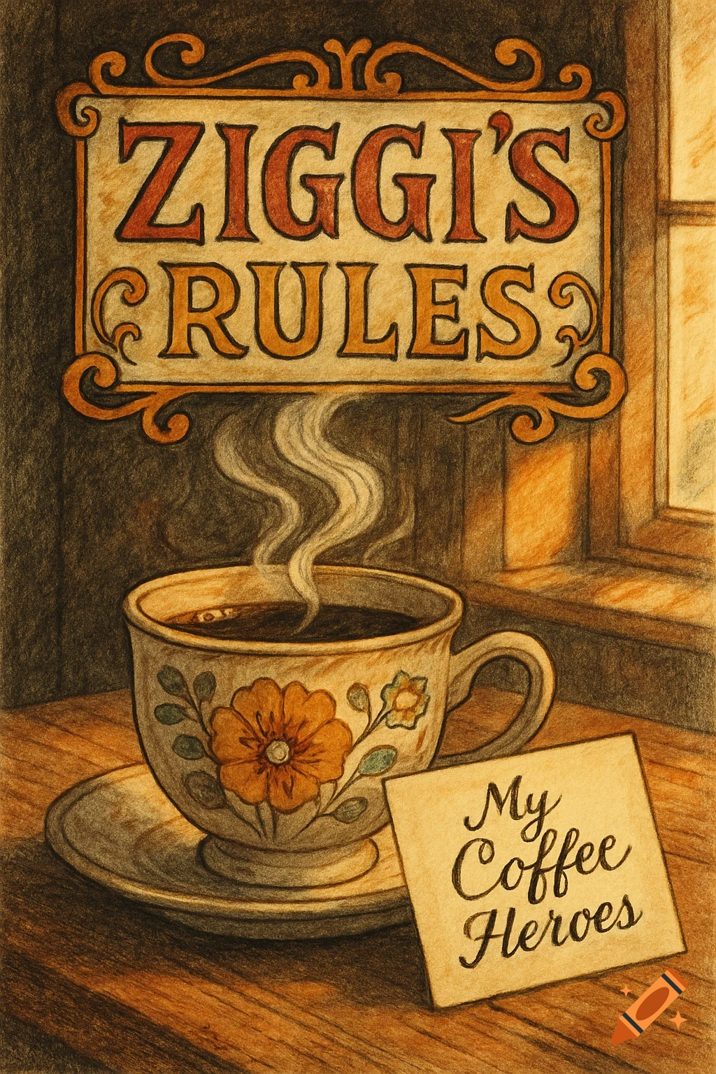 A stylized colored pencil drawing of a steaming coffee cup with a floral pattern, a sign saying 'ZIGGI'S RULES', and a note saying 'My Coffee Heroes' on a wooden table next to a window.