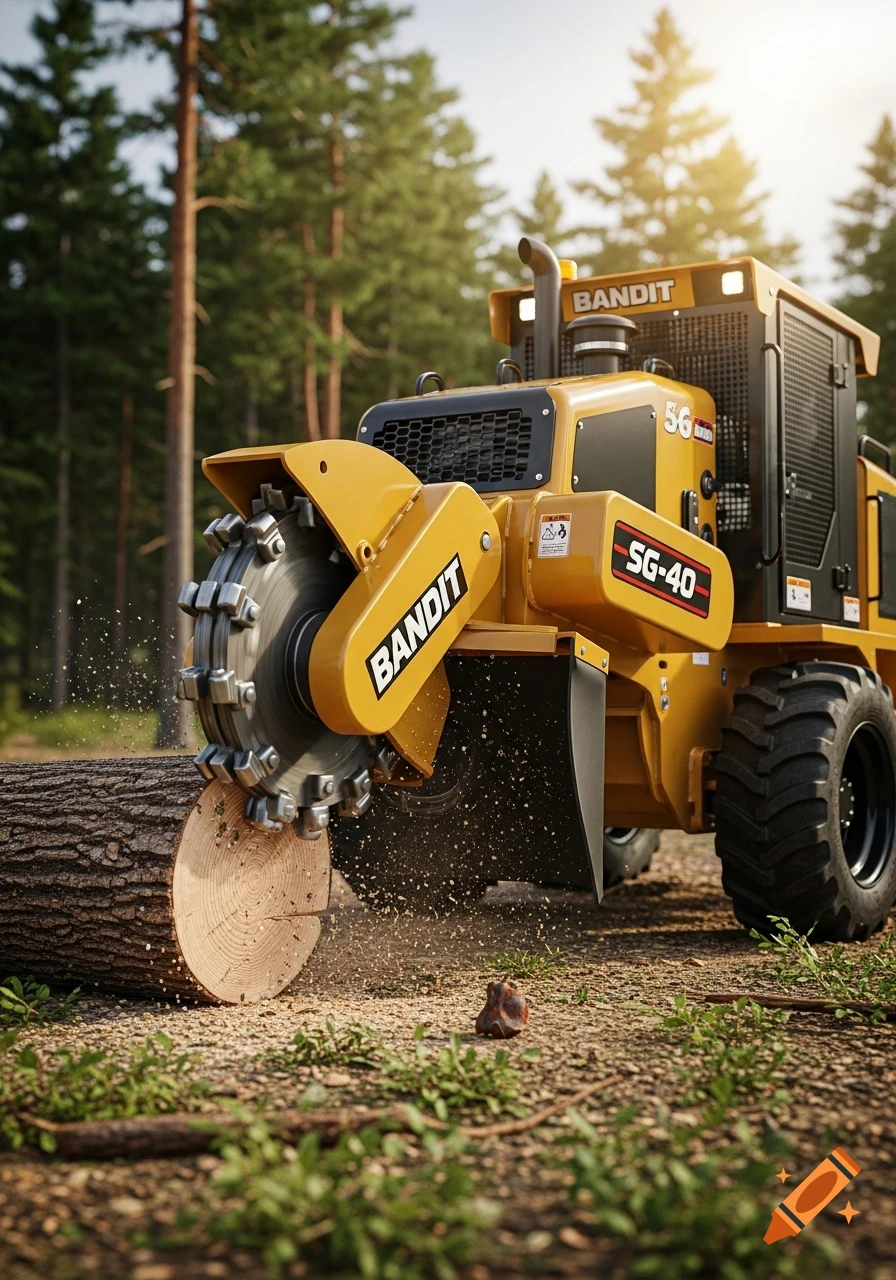 A yellow Bandit SG-40 stump grinder grinds a log in a sunlit forest, photorealistic.