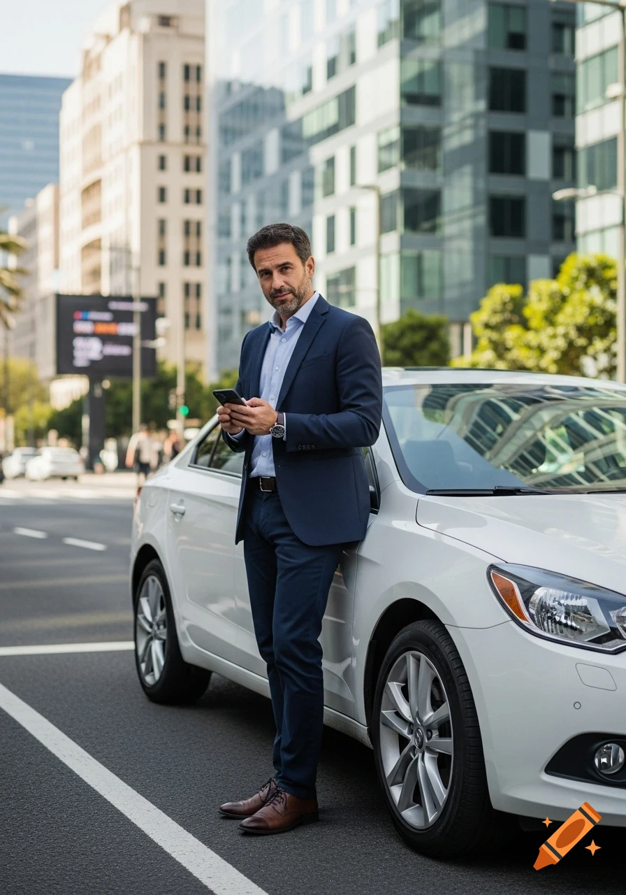 A man in a blue suit stands next to a white car on a city street, looking at his phone, in a photorealistic style.