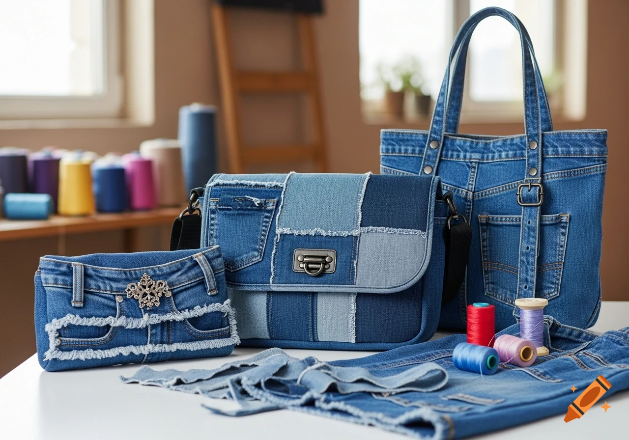Upcycled denim bags including a clutch, messenger bag, and tote, displayed with colorful thread and denim scraps on a table.