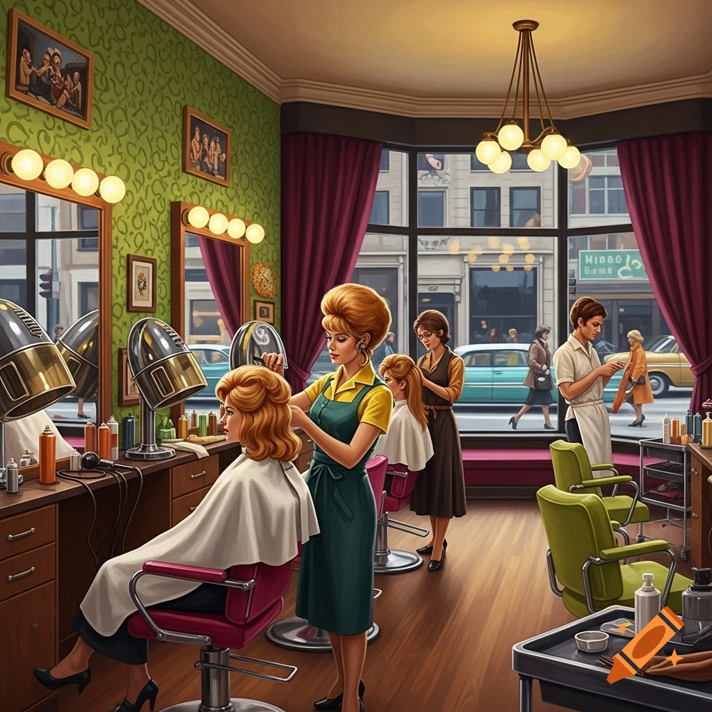 A retro 1960s hair salon scene with stylists working on women's hair, viewed through large windows to a city street.