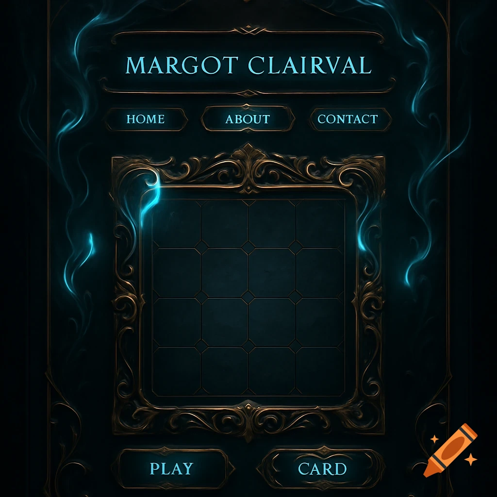 Dark fantasy game website interface with glowing cyan neon accents, gold ornaments, and UI elements including 'Margot Clairval', 'Home', 'About', 'Contact', 'Play', 'Card'.