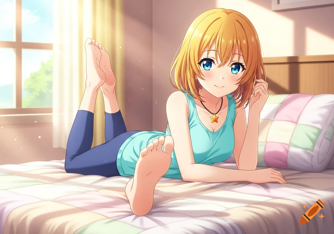 Anime girl with blonde hair and blue eyes, wearing a cyan top and blue leggings, lying on a bed with her barefoot soles pointing up.