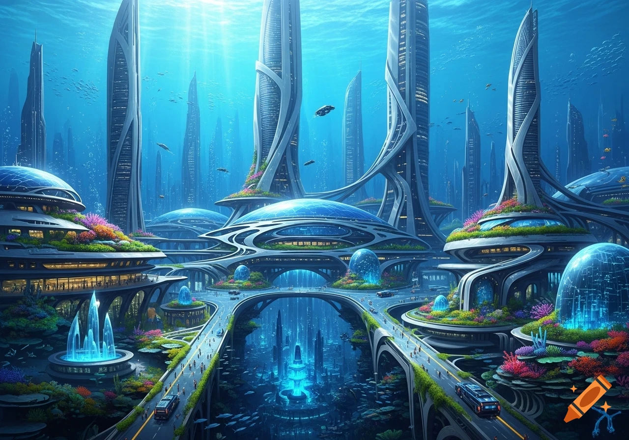 A vibrant, futuristic underwater city with towering skyscrapers, intricate bridges, glowing structures, and lush coral gardens under bright blue waters.