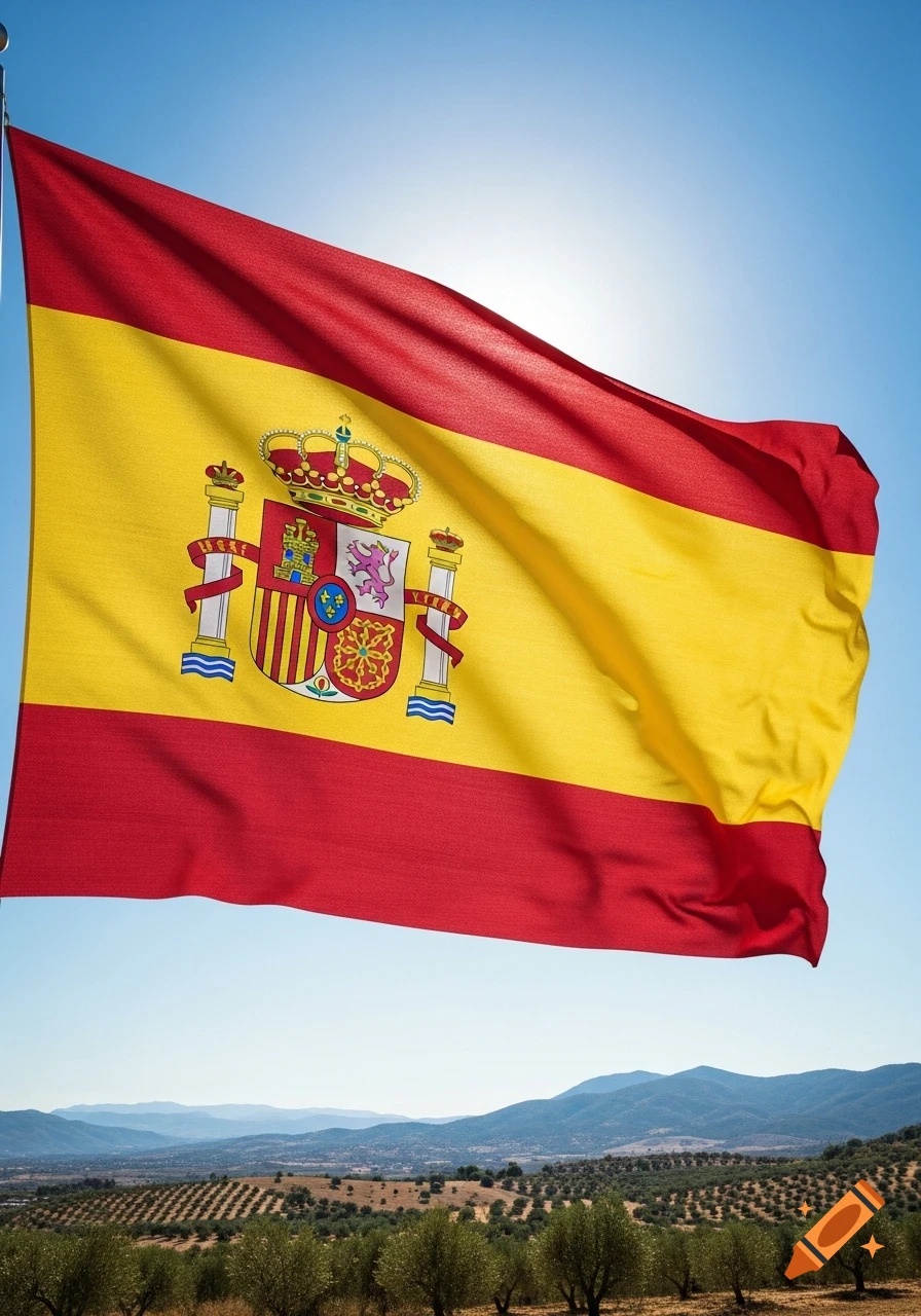 A vibrant Spanish flag with its coat of arms waves against a bright blue sky over a sunlit olive grove and mountains.