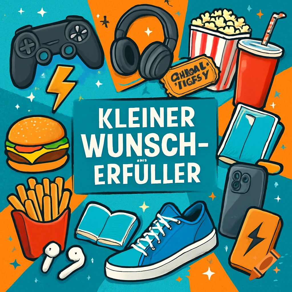 A colorful, vibrant collage in a cartoonish sticker style, featuring items like a game controller, headphones, popcorn, soda, burger, fries, book, sneaker, earbuds, phone, and power bank around the central German text 'Kleiner Wunscherfüller'.