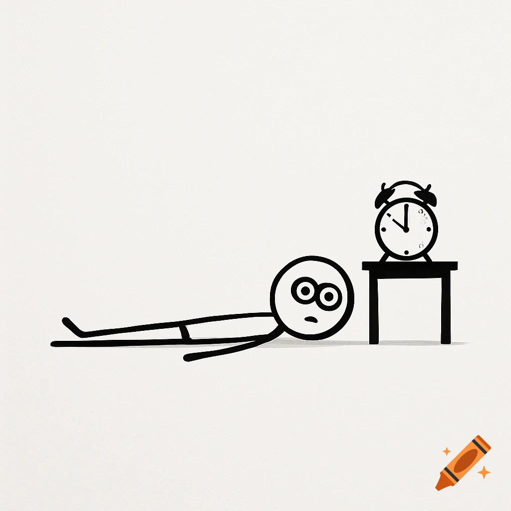 A minimalist stick figure lies flat with wide eyes, looking at an alarm clock on a table.