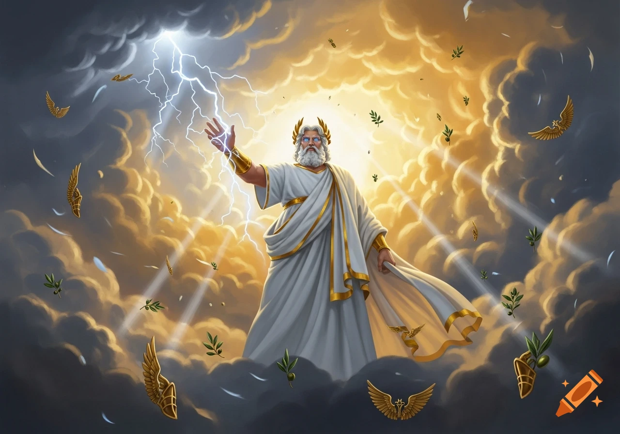 Zeus, a bearded god in a white robe, wields lightning amidst dramatic golden clouds, with olive branches and golden winged symbols.